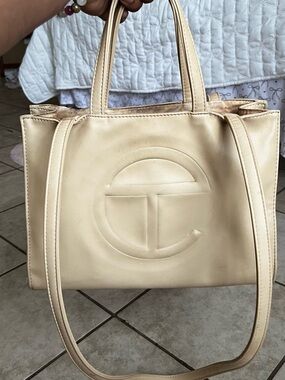 Cream Leather Telfar Bag with Embossed Logo